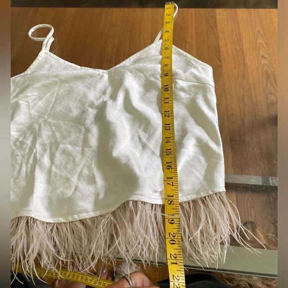 White silk/poly spaghetti strap Cami w/ feathers. V front & back size small - Picture 4 of 12